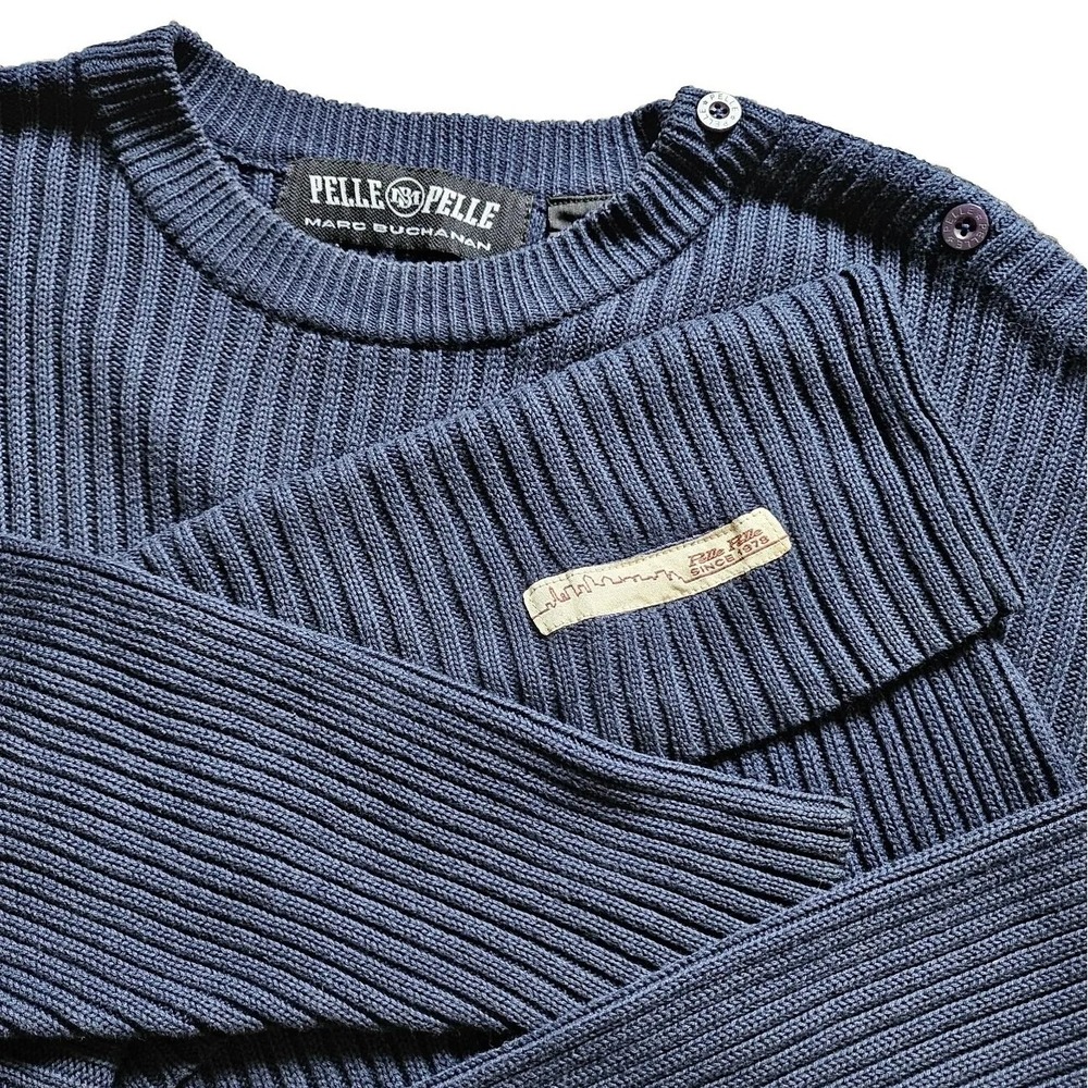 Pelle Pelle Y2K Navy Sweater Marc Buchanan Urban Wear Large Button Shoulder